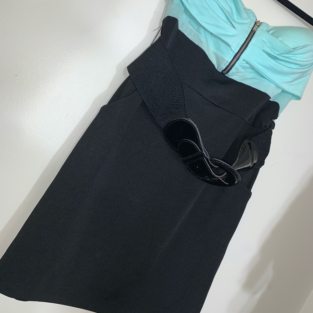 Strapless Knee Length Two Toned Dress With Belt